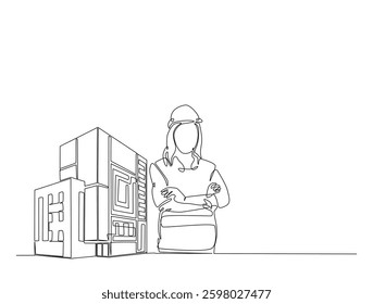 Continuous line art drawing of female engineer worker with modern building real estate. female engineer, architect ,property agent in one line drawing illustration. Editable stroke.