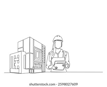 Continuous line art drawing of female engineer worker with modern building real estate. female engineer, architect ,property agent in one line drawing illustration. Editable stroke.