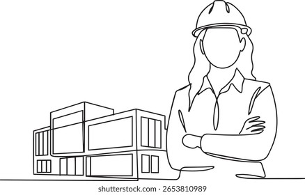 Continuous line art drawing of female engineer or architect with modern real estate building

