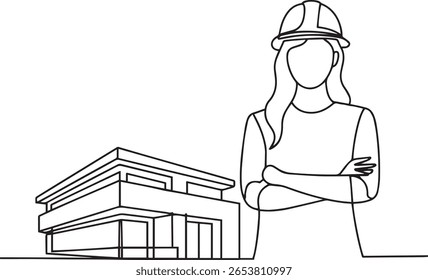 Continuous line art drawing of female engineer or architect with modern real estate building

