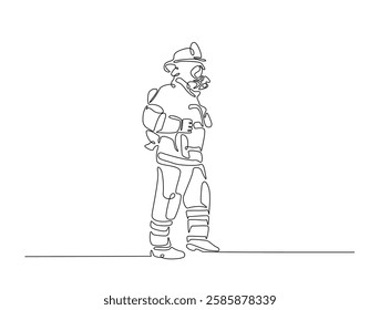 Continuous line art drawing of firefighter with uniform. Fireman single line art drawing vector illustration. Editable stroke.