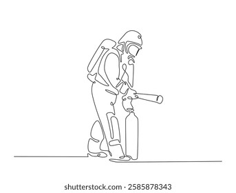 Continuous line art drawing of firefighter with uniform. Fireman single line art drawing vector illustration. Editable stroke.