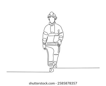 Continuous line art drawing of firefighter with uniform. Fireman single line art drawing vector illustration. Editable stroke.