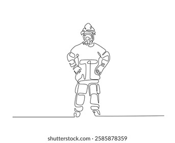 Continuous line art drawing of firefighter with uniform. Fireman single line art drawing vector illustration. Editable stroke.