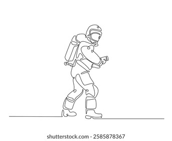 Continuous line art drawing of firefighter with uniform. Fireman single line art drawing vector illustration. Editable stroke.