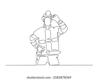 Continuous line art drawing of firefighter with uniform. Fireman single line art drawing vector illustration. Editable stroke.