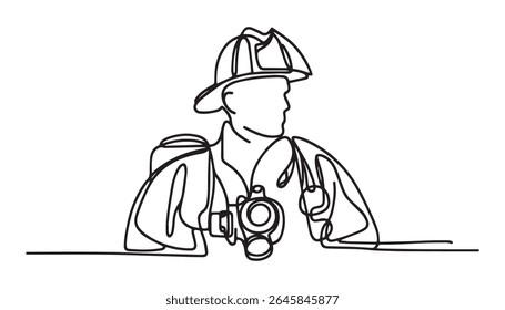 Desenho de arte de linha contínua de bombeiro com uniforme. Fireman ilustração de vetor de desenho de arte de linha única. Traçado editável.