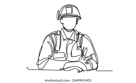 Desenho de arte de linha contínua de bombeiro com uniforme. Fireman ilustração de vetor de desenho de arte de linha única. Traçado editável.