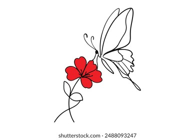 Continuous line art drawing of a flower with a flying butterfly. Plumeria depicted as a one-line symbol in a vector illustration, isolated on a white background