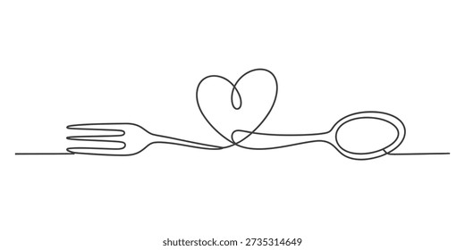 Continuous line art drawing of a fork and spoon connected by a heart shape, representing a love for cooking and food. Vector, illustration