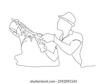 Continuous line art drawing gardener Trimming Plants Using Professional Commercial Grade Garden Scissors. Spring Time Backyard Garden Plants Maintenance. Hand made vector not Al