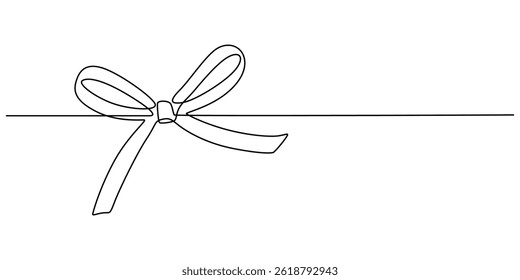 A continuous line art drawing of a gift ribbon bow in black, isolated on a white background. Decorative ribbon bow in continuous line art drawing style, Ribbon bow with knot illustration. One minimal