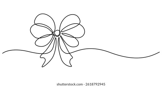 A continuous line art drawing of a gift ribbon bow in black, isolated on a white background. Decorative ribbon bow in continuous line art drawing style, Ribbon bow with knot illustration. One minimal