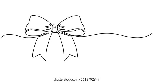 A continuous line art drawing of a gift ribbon bow in black, isolated on a white background. Decorative ribbon bow in continuous line art drawing style, Ribbon bow with knot illustration. One minimal