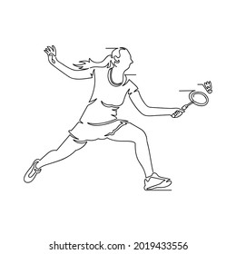 Continuous line art drawing of girl playing badminton