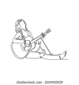 Continuous line art drawing of girl playing guitar