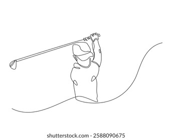 Continuous line art drawing of golf player swinging the stick illustration. Professional Golfer in one line drawing design. Editable stroke.