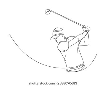 Continuous line art drawing of golf player swinging the stick illustration. Professional Golfer in one line drawing design. Editable stroke.