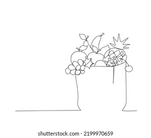 Continuous line art drawing of Grocery food basket, fruits in the papper bag. Grocery food basket single line art drawing vector illustration.