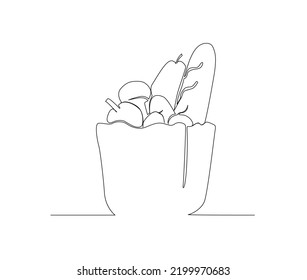 Continuous line art drawing of Grocery food basket, fruits and bread. Grocery food basket single line art drawing vector illustration.