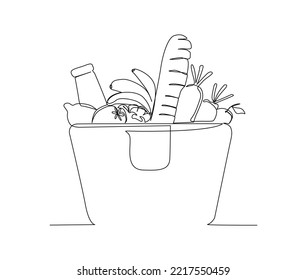 Continuous line art drawing of Grocery food basket, fruits and bread in the papper bag. Grocery food basket single line art drawing vector illustration.