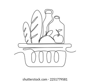 Continuous line art drawing of Grocery food basket, fruits and bread in the grocery basket. Grocery food basket single line art drawing vector illustration.
