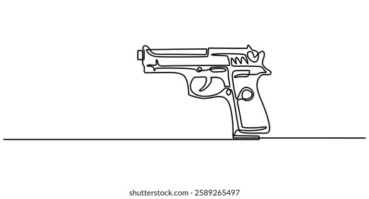Continuous line art drawing of gun. One line drawing the gun, police gun vector illustration, Gun, weapon, handgun icon. pro Vector illustration, Pistol linear icon, white background minimal concept.