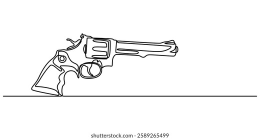 Continuous line art drawing of gun. One line drawing the gun, police gun vector illustration, Gun, weapon, handgun icon. pro Vector illustration, Pistol linear icon, white background minimal concept.