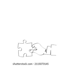 continuous line art drawing of hand holding puzzle piece