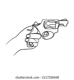 Continuous line art drawing of hand holding gun. One line drawing hand holding the gun