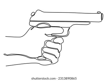 Continuous line art drawing of a hand holding a gun. One line drawing of a hand holding a gun