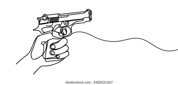 Dibujo de línea continua de la mano sosteniendo la pistola. Una línea dibujando la mano sosteniendo el arma.