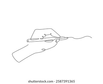 Continuous line art drawing of hand writing with pen. Hand drawing with pencil line art drawing vector illustration. Editable stroke.