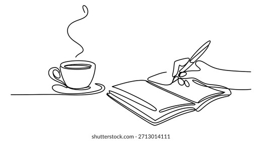 Kontinuierliche Strichzeichnung einer Handschrift in einem Notizbuch mit einer Kaffeetasse Vektor, Illustration