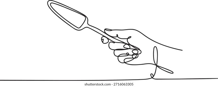 Dibujo de arte de línea continua de una mano que sostiene el utensilio de cocina. Dibujo de una sola línea de mano y espátula de cocina. Es un estilo de ilustración de una línea de gestos de mano para la preparación de alimentos, cocina, cocina, horneado y pastelería. Mano con utensilios de cocina. Herramientas de cocina en un estilo minimalista.