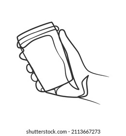 Continuous line art drawing of hands holding a cup of coffee or tea. Hand holding coffee cup or tea