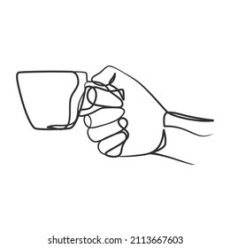 Dibujo continuo en línea de las manos sosteniendo una taza de café o té. Mano sosteniendo taza de café o té