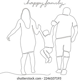 dibujo de línea continua ¡Feliz familia en una salida de verano! Madre, padre e hijo dan un paseo por el parque y disfrutan de la hermosa naturaleza. vector, ilustración