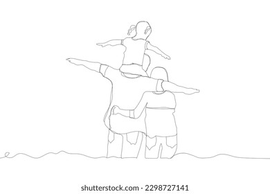 Continuous line art drawing Happy family having fun. father and daughter in flying plane action 
pose line art. family line art drawing. The fun family running line art drawing design