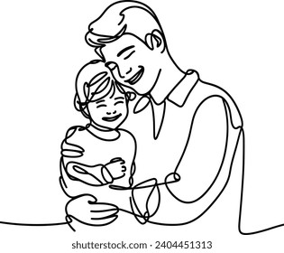 continuous line art drawing of a happy young father embracing his little daughter. Vector illustration