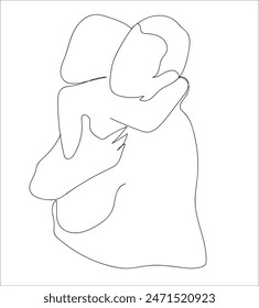 Continuous Line Art Drawing. Happy young father hug little daughter or son. Vector Illustration