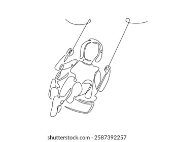 Continuous line art drawing of happy kid playing swing in the park. Children swinging on swing line art drawing vector illustration. Editable stroke.