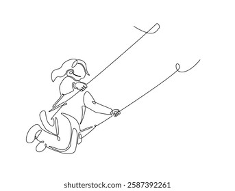 Continuous line art drawing of happy kid playing swing in the park. Children swinging on swing line art drawing vector illustration. Editable stroke.