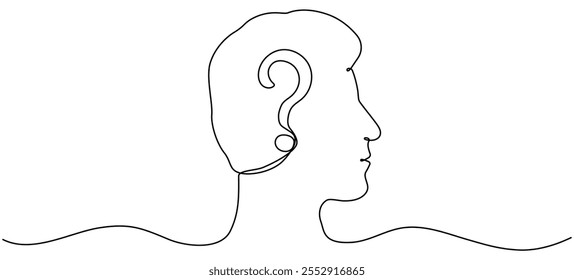 Cabeça de desenho de arte de linha contínua com ponto de interrogação. Símbolo linear pensativo. Conceito de debate. Ilustração vetorial isolada em branco.