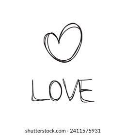 Continuous line art drawing of heart with hand written word love in black isolated on white background. Hand drawn vector sketch illustration in doodle vintage engraved outline, line art style