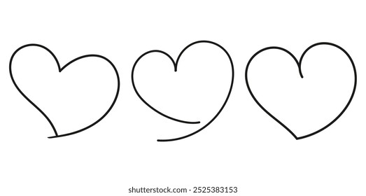 Continuous line art drawing heart icons set vector illustrations. Abstract linear heart signs, relationship, romance, love symbol isolated.  Hand drawn heart shape cute strokes collection for graphic