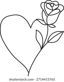 Kontinuierliche Linie Kunst Zeichnung eines Herzens kombiniert mit einer Rosenblume, minimalistische romantische Skizze Design
