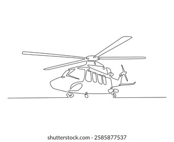 Continuous line art drawing of helicopter air transportation. Helicopter flight line art drawing vector illustration. Editable stroke.