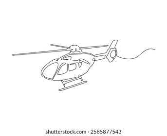 Continuous line art drawing of helicopter air transportation. Helicopter flight line art drawing vector illustration. Editable stroke.