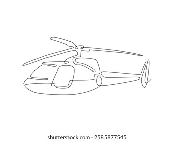 Continuous line art drawing of helicopter air transportation. Helicopter flight line art drawing vector illustration. Editable stroke.